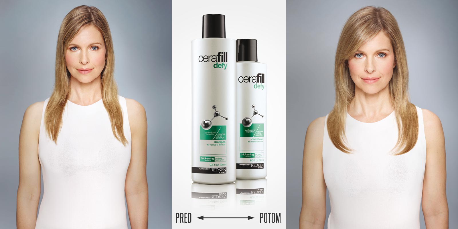 Cerafill pomáha proti rednutiu vlasov. Pred a po používaní Cerafill Defy spoločne s úpravou strihu, farby a stylingu.